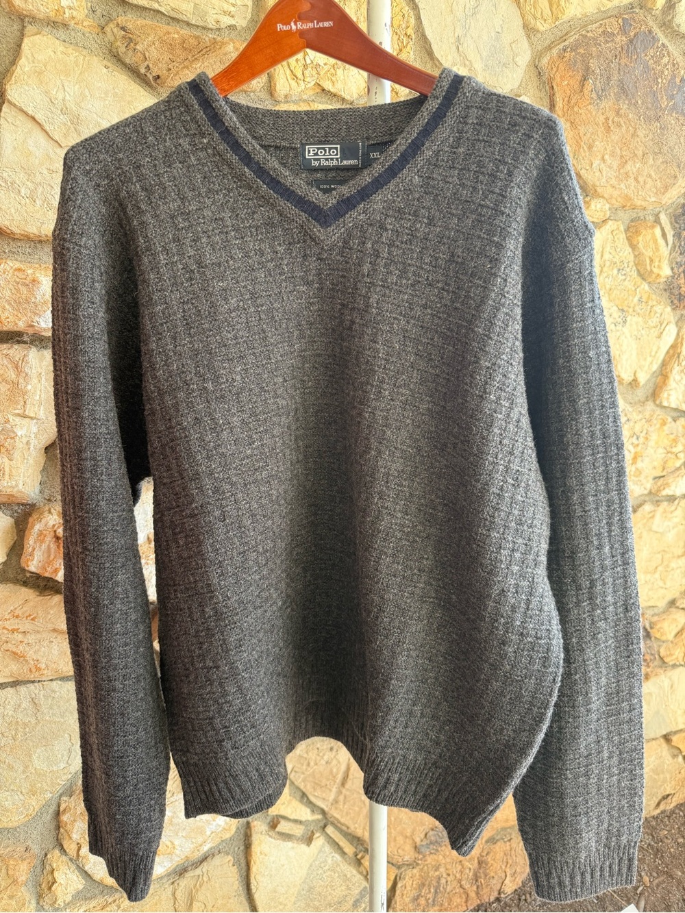 Vintage Polo Ralph Lauren XXL 100% Wool Gray V-Neck Sweater Navy Trim